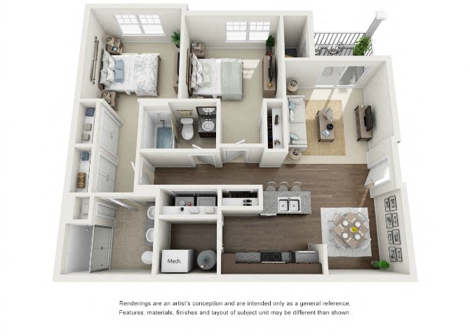 Floor plan for 2 beds, 2 baths, 1065 sqft